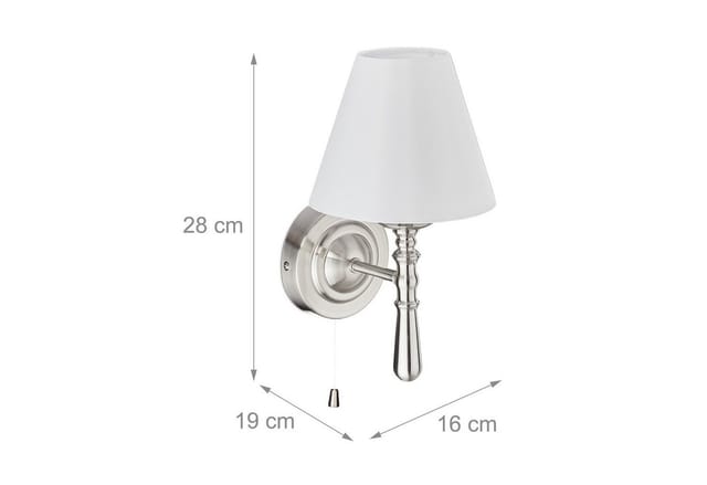 Wandlampe mit Schirm, innen, Zugschalter, Flur & Wohnzimmer, E14, Stoff, Metall, hbt 28x16x19 cm, silber/weiß - Relaxdays