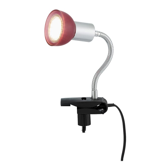 Klemmlampe Silber Klemmleuchte Klemmlampe Led Mit Stecker, Tischleuchte Leselampe, Spot Beweglich, Metall Titanfarben Glas Rot, 1x Led 3w 250lm 3000k, Hxlxb 34x9x6,1 Cm