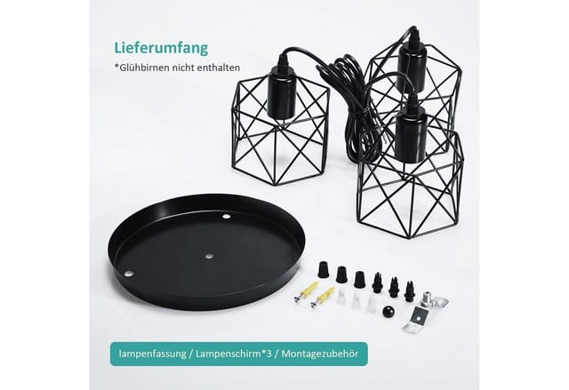 EMKE Pendellampe 3 flammige Kronleuchter Vintage Pendellampe Retro Hängelampe Deckenleuchter, Schwarz Lampenschirm für E27, Wohnzimmer Cafe (1 Set)