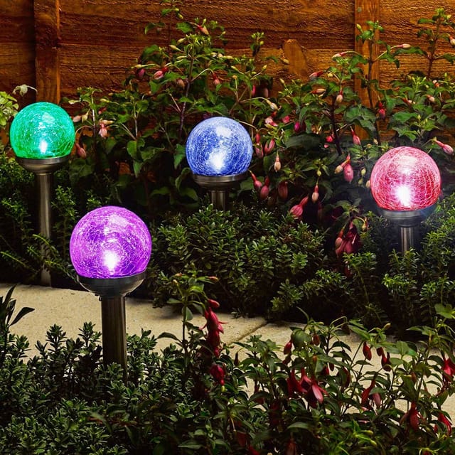 Haushalt - International led Solarleuchten 4er Set – Crackle-Glas – Umschaltbar Weiß & Farbe – Gartenleuchten Solarbetrieben – Außenbeleuchtung Deko