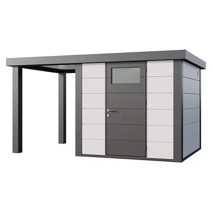 Telluria Gerätehaus Classico 2424 mit Open Lounge S links inkl. Elektro-Set (Außenmaß inkl. Dachüberstand (B x T): 426 x 258 cm, Stahl, Weiß/Anthrazit