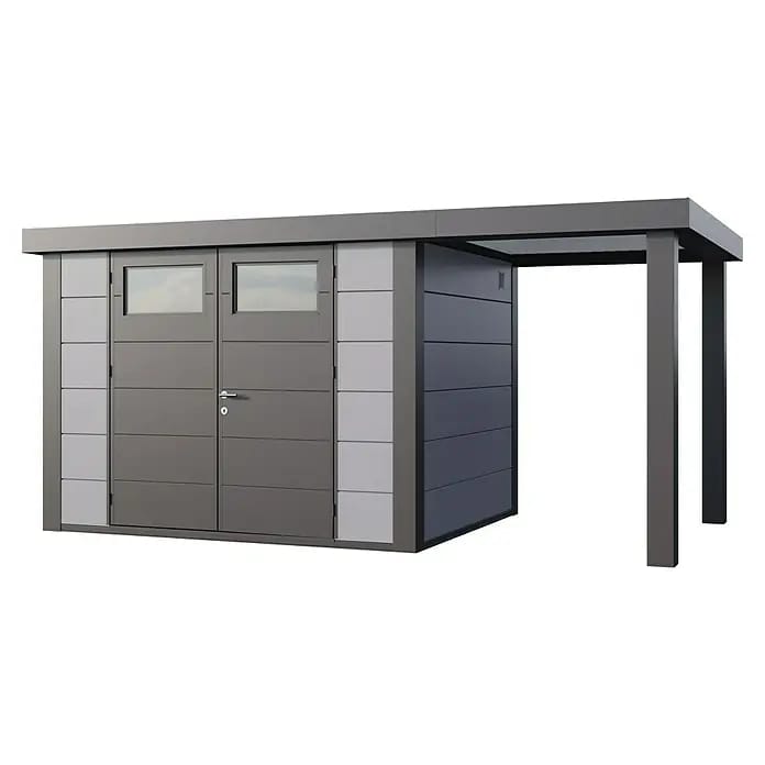 Telluria Gerätehaus Classico 3024 mit Open Lounge S rechts inkl. Elektro-Set (Außenmaß inkl. Dachüberstand (B x T): 486 x 258 cm, Stahl, Lichtgrau/Ant