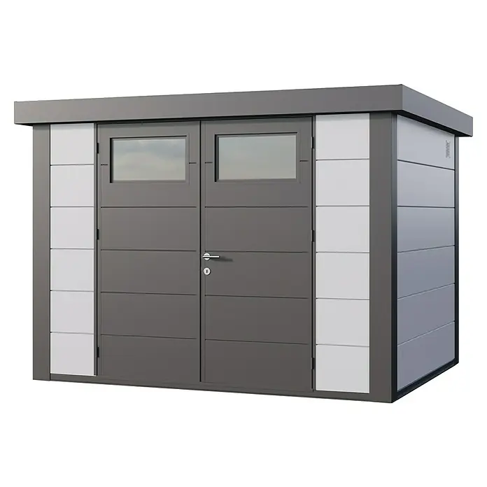 Telluria Gerätehaus Classico 3024 inkl. Elektro-Set (Außenmaß inkl. Dachüberstand (B x T): 318 x 258 cm, Stahl, Weiß/Anthrazit, Inkl. Innenwandverklei