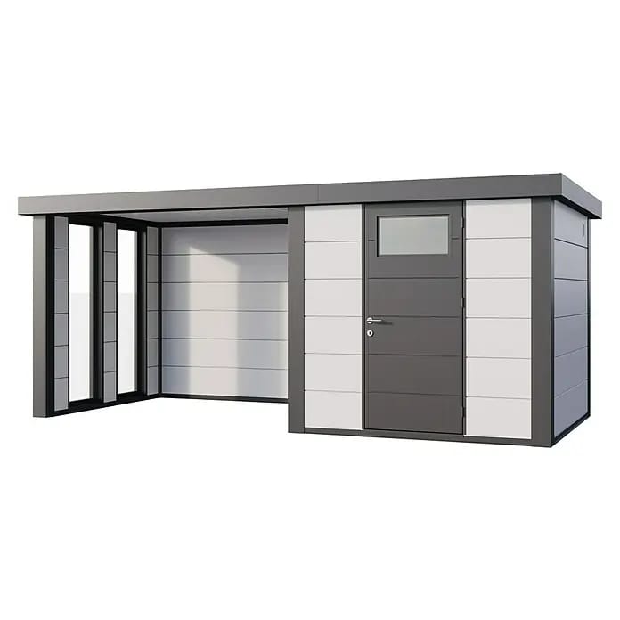 Telluria Gerätehaus Classico 2424 mit Lounge S links inkl. 2 Fenster und Elektro-Set (Außenmaß inkl. Dachüberstand (B x T): 542 x 258 cm, Stahl, Weiß,