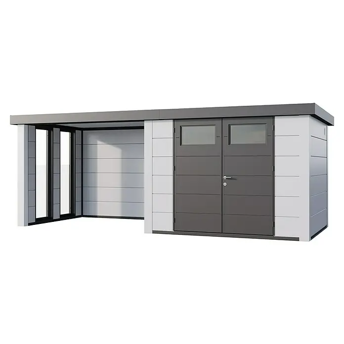 Telluria Gerätehaus Classico 3024 mit Lounge S links inkl. 2 Fenster und Elektro-Set (Außenmaß inkl. Dachüberstand (B x T): 602 x 258 cm, Stahl, Weiß,