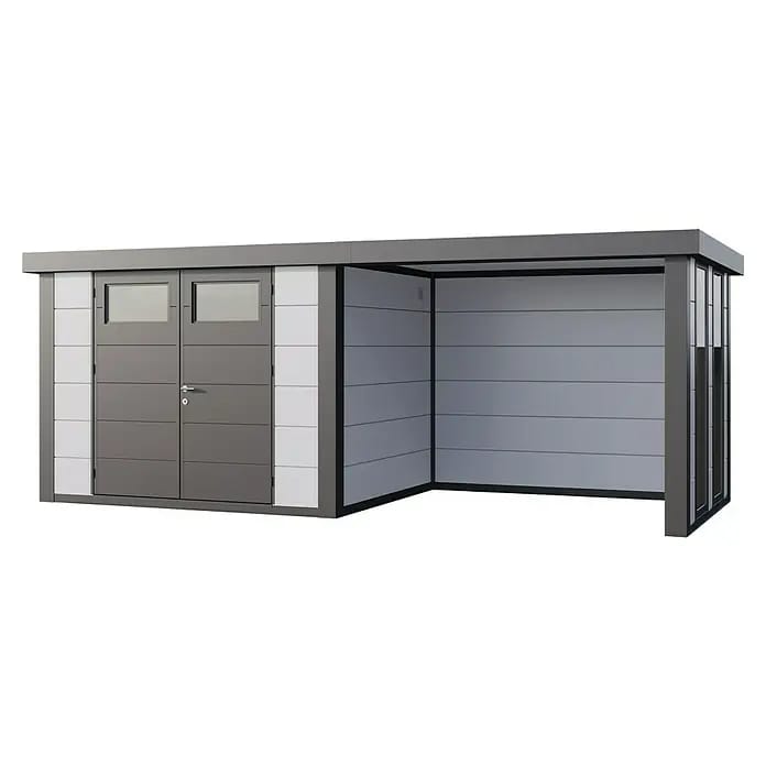 Telluria Gerätehaus Classico 3024 mit Lounge S rechts inkl. 2 Fenster und Elektro-Set (Außenmaß inkl. Dachüberstand (B x T): 602 x 258 cm, Stahl, Weiß