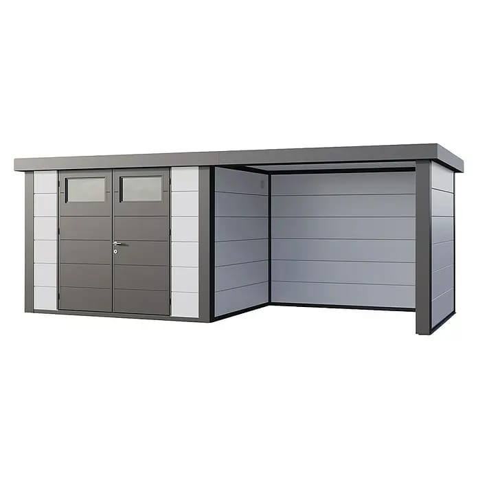 Telluria Gerätehaus Classico 3024 mit Lounge S rechts inkl. Elektro-Set (Außenmaß inkl. Dachüberstand (B x T): 602 x 258 cm, Stahl, Weiß/Anthrazit, In