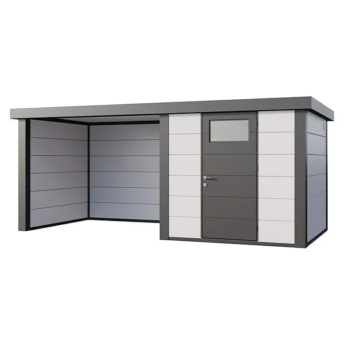 Telluria Gerätehaus Classico 2424 mit Lounge S links inkl. Elektro-Set (Außenmaß inkl. Dachüberstand (B x T): 542 x 258 cm, Stahl, Weiß/Anthrazit, Ink