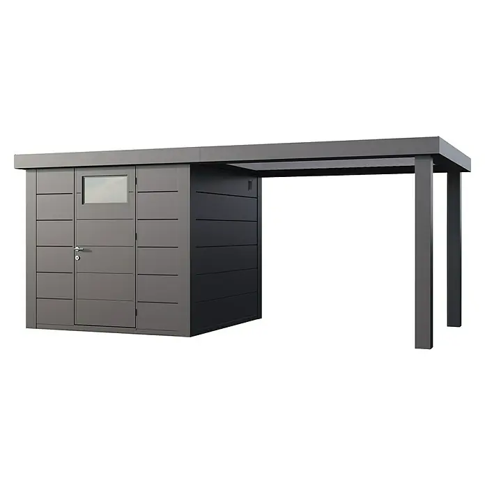 Telluria Gerätehaus Classico 2424 mit Open Lounge L rechts inkl. Elektro-Set (Außenmaß inkl. Dachüberstand (B x T): 542 x 258 cm, Stahl, Anthrazit, In