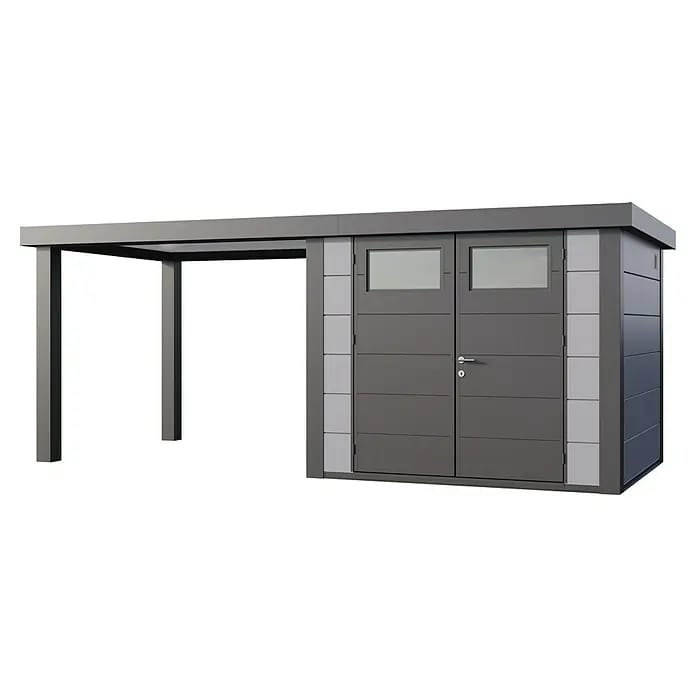 Telluria Gerätehaus Classico 2724 mit Open Lounge L links inkl. Elektro-Set (Außenmaß inkl. Dachüberstand (B x T): 572 x 258 cm, Stahl, Lichtgrau/Anth