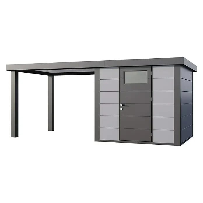 Telluria Gerätehaus Classico 2424 mit Open Lounge L links inkl. Elektro-Set (Außenmaß inkl. Dachüberstand (B x T): 542 x 258 cm, Stahl, Lichtgrau/Anth