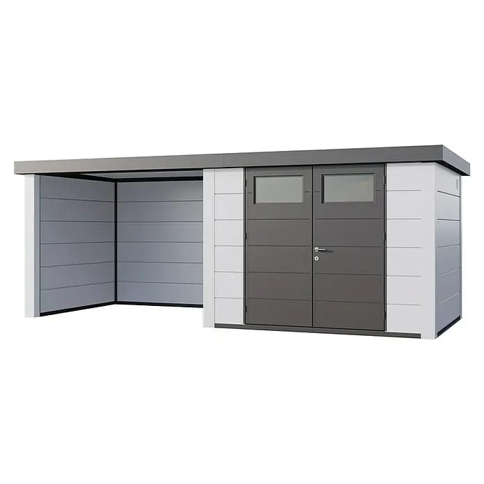 Telluria Gerätehaus Classico 3024 mit Lounge S links inkl. Elektro-Set (Außenmaß inkl. Dachüberstand (B x T): 602 x 258 cm, Stahl, Weiß, Inkl. Innenwa