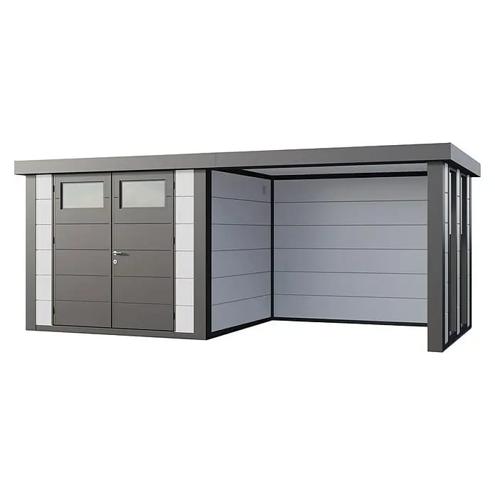 Telluria Gerätehaus Classico 2724 mit Lounge S rechts inkl. 2 Fenster und Elektro-Set (Außenmaß inkl. Dachüberstand (B x T): 572 x 258 cm, Stahl, Weiß