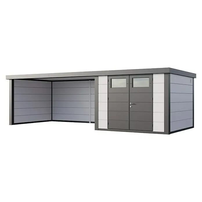 Telluria Gerätehaus Classico 3030 mit Lounge XL links inkl. Elektro-Set (Außenmaß inkl. Dachüberstand (B x T): 782 x 318 cm, Stahl, Weiß/Anthrazit, In
