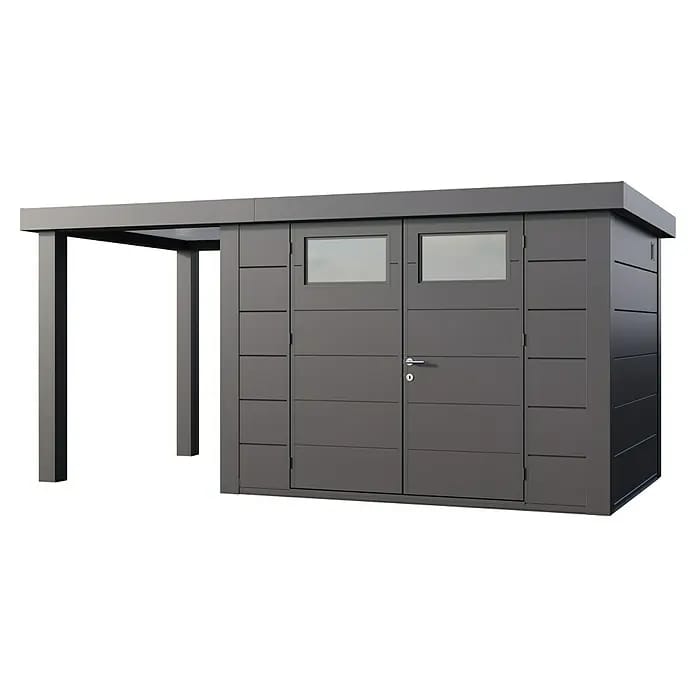 Telluria Gerätehaus Classico 3024 mit Open Lounge S links inkl. Elektro-Set (Außenmaß inkl. Dachüberstand (B x T): 486 x 258 cm, Stahl, Anthrazit, Ink