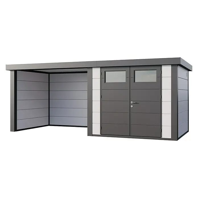 Telluria Gerätehaus Classico 2724 mit Lounge S links inkl. Elektro-Set (Außenmaß inkl. Dachüberstand (B x T): 572 x 258 cm, Stahl, Weiß/Anthrazit, Ink
