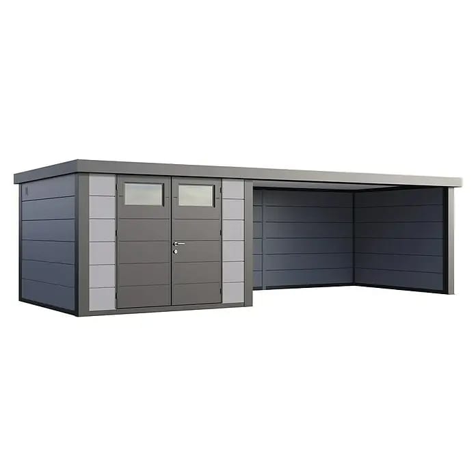 Telluria Gerätehaus Classico 3330 mit Lounge XL rechts inkl. Elektro-Set (Außenmaß inkl. Dachüberstand (B x T): 812 x 318 cm, Stahl, Lichtgrau/Anthraz