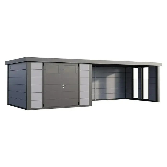 Telluria Gerätehaus Classico 3330 mit Lounge XL rechts inkl. 2 Fenster und Elektro-Set (Außenmaß inkl. Dachüberstand (B x T): 812 x 318 cm, Stahl, Lic