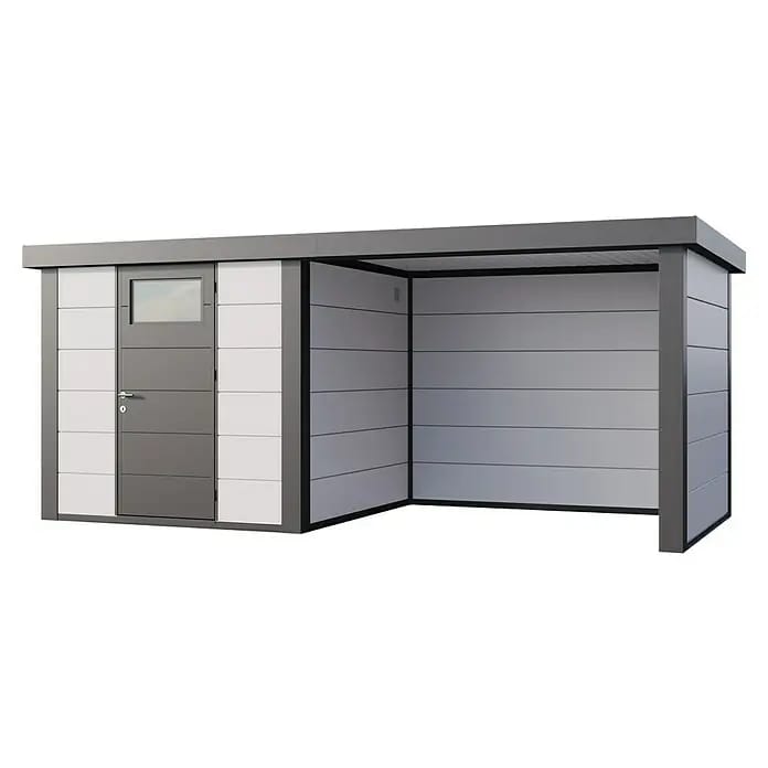 Telluria Gerätehaus Classico 2424 mit Lounge S rechts inkl. Elektro-Set (Außenmaß inkl. Dachüberstand (B x T): 542 x 258 cm, Stahl, Weiß/Anthrazit, In