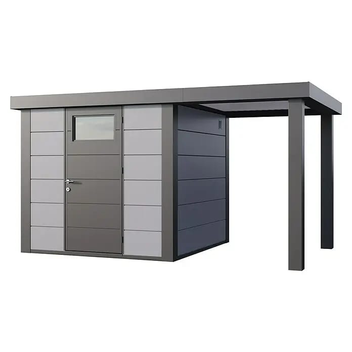 Telluria Gerätehaus Classico 2424 mit Open Lounge S rechts inkl. Elektro-Set (Außenmaß inkl. Dachüberstand (B x T): 426 x 258 cm, Stahl, Lichtgrau/Ant