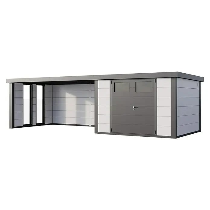 Telluria Gerätehaus Classico 3030 mit Lounge XL links inkl. 2 Fenster und Elektro-Set (Außenmaß inkl. Dachüberstand (B x T): 782 x 318 cm, Stahl, Weiß