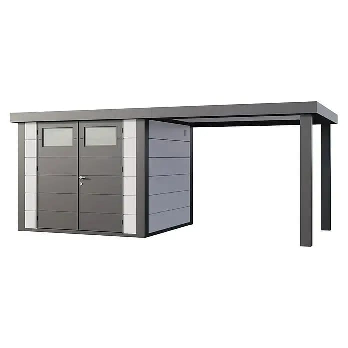 Telluria Gerätehaus Classico 2724 mit Open Lounge L rechts inkl. Elektro-Set (Außenmaß inkl. Dachüberstand (B x T): 572 x 258 cm, Stahl, Weiß/Anthrazi