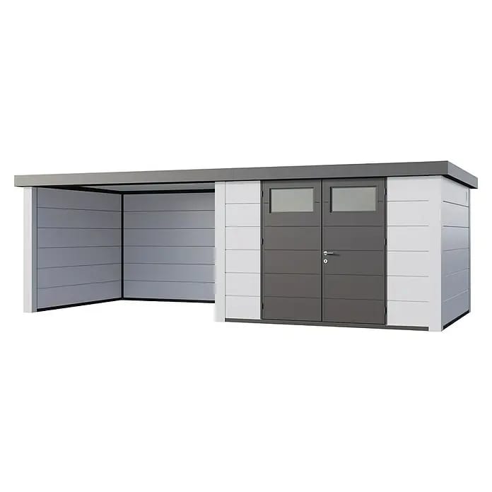 Telluria Gerätehaus Classico 3330 mit Lounge L links inkl. Elektro-Set (Außenmaß inkl. Dachüberstand (B x T): 692 x 318 cm, Stahl, Weiß, Inkl. Innenwa