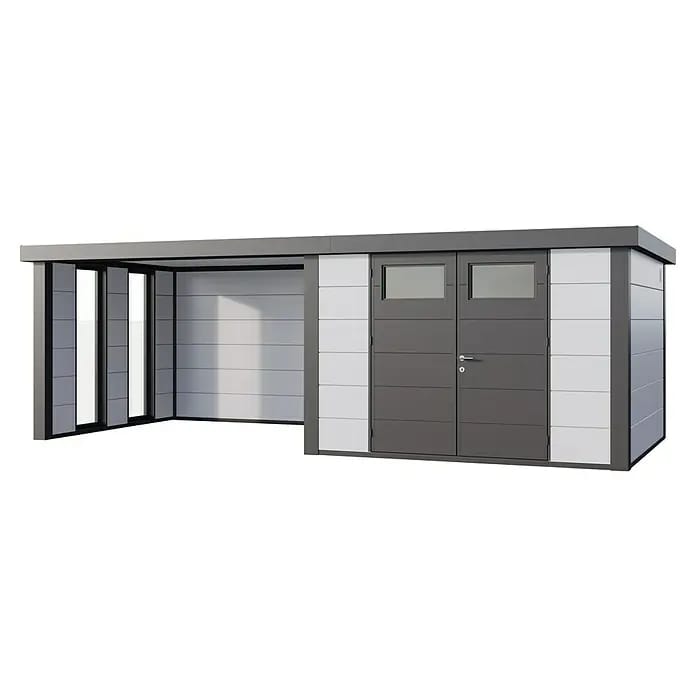 Telluria Gerätehaus Classico 3330 mit Lounge L links inkl. 2 Fenster und Elektro-Set (Außenmaß inkl. Dachüberstand (B x T): 692 x 318 cm, Stahl, Weiß/