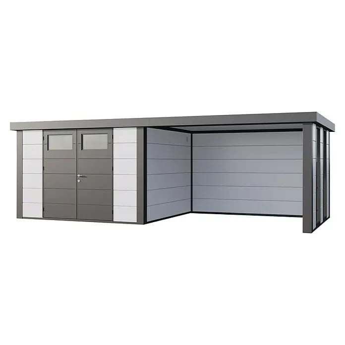 Telluria Gerätehaus Classico 3330 mit Lounge L rechts inkl. 2 Fenster und Elektro-Set (Außenmaß inkl. Dachüberstand (B x T): 692 x 318 cm, Stahl, Weiß
