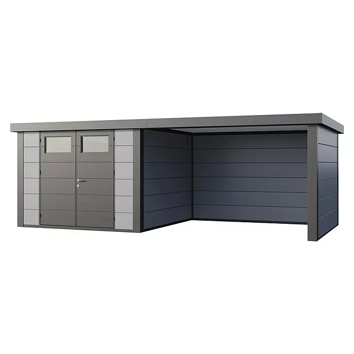 Telluria Gerätehaus Classico 3030 mit Lounge L rechts inkl. Elektro-Set (Außenmaß inkl. Dachüberstand (B x T): 662 x 318 cm, Stahl, Lichtgrau/Anthrazi