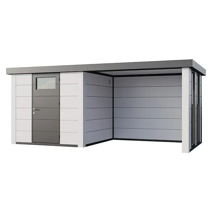Telluria Gerätehaus Classico 2424 mit Lounge S rechts inkl. 2 Fenster und Elektro-Set (Außenmaß inkl. Dachüberstand (B x T): 542 x 258 cm, Stahl, Weiß