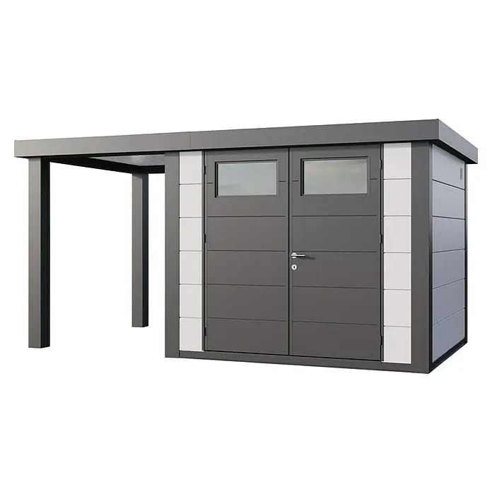 Telluria Gerätehaus Classico 2724 mit Open Lounge S links inkl. Elektro-Set (Außenmaß inkl. Dachüberstand (B x T): 456 x 258 cm, Stahl, Weiß/Anthrazit