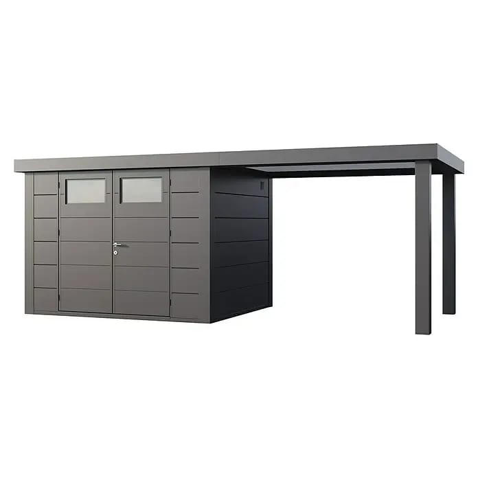 Telluria Gerätehaus Classico 3024 mit Open Lounge L rechts inkl. Elektro-Set (Außenmaß inkl. Dachüberstand (B x T): 602 x 258 cm, Stahl, Anthrazit, In