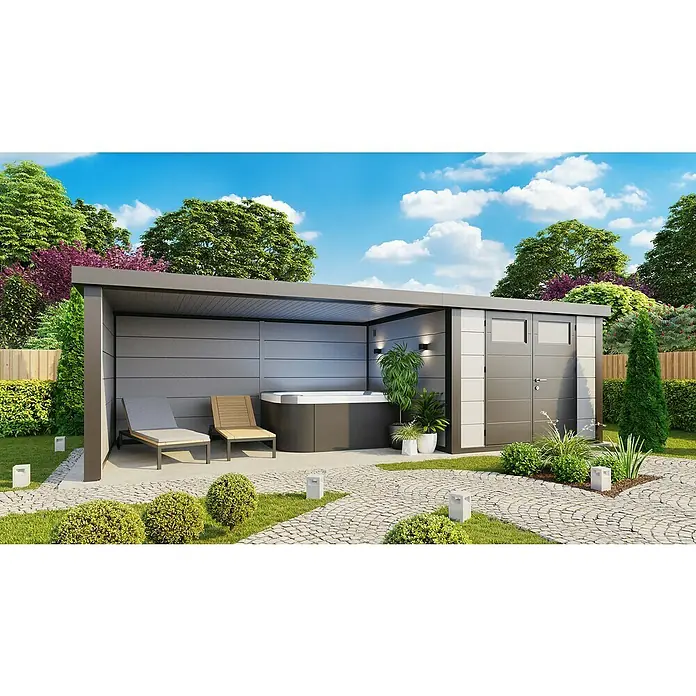 Telluria Gerätehaus Classico 3330 mit Lounge XL links inkl. Elektro-Set (Außenmaß inkl. Dachüberstand (B x T): 812 x 318 cm, Stahl, Lichtgrau/Anthrazi