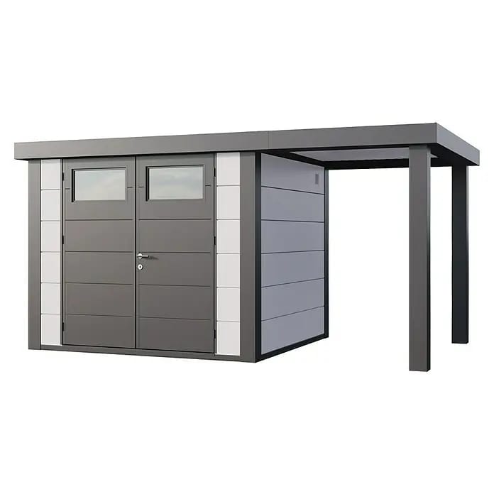 Telluria Gerätehaus Classico 2724 mit Open Lounge S rechts inkl. Elektro-Set (Außenmaß inkl. Dachüberstand (B x T): 456 x 258 cm, Stahl, Weiß/Anthrazi