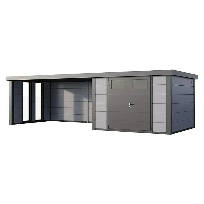 Telluria Gerätehaus Classico 3330 mit Lounge XL links inkl. 2 Fenster und Elektro-Set (Außenmaß inkl. Dachüberstand (B x T): 812 x 318 cm, Stahl, Lich