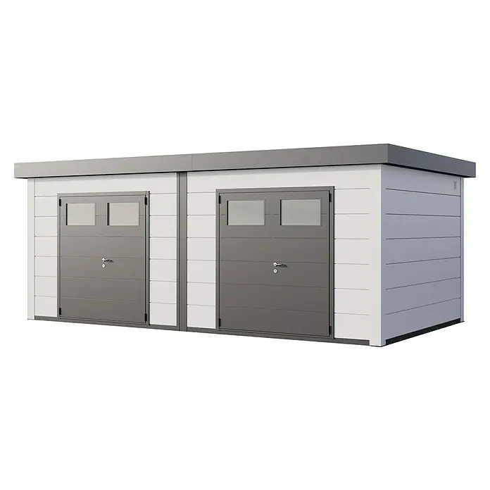 Telluria Gerätehaus Duo 3336+ inkl. Elektro-Set (Außenmaß inkl. Dachüberstand (B x T): 672 x 388 cm, Stahl, Weiß, Inkl. Innenwandverkleidung & Elektro
