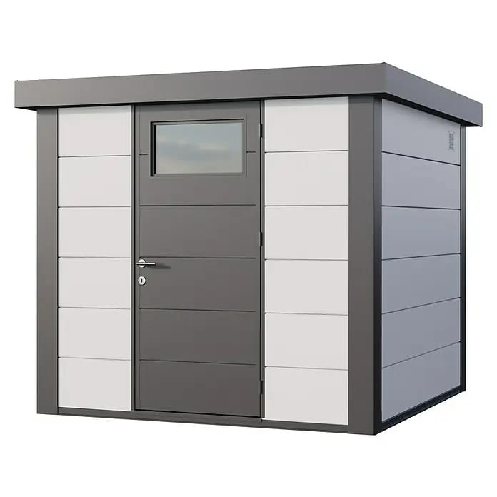 Telluria Gerätehaus Classico 2424 inkl. Elektro-Set (Außenmaß inkl. Dachüberstand (B x T): 258 x 258 cm, Stahl, Weiß/Anthrazit, Inkl. Innenwandverklei