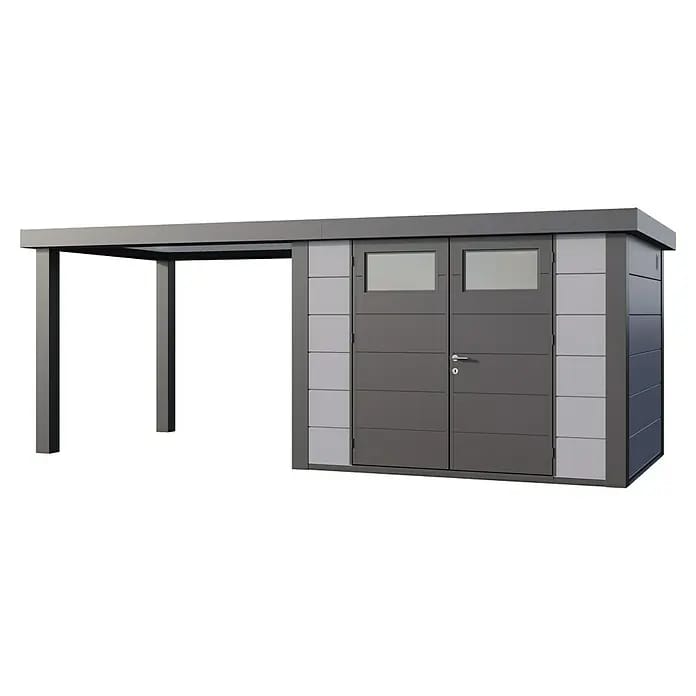 Telluria Gerätehaus Classico 3024 mit Open Lounge L links inkl. Elektro-Set (Außenmaß inkl. Dachüberstand (B x T): 602 x 258 cm, Stahl, Lichtgrau/Anth