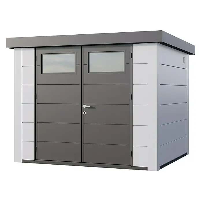 Telluria Gerätehaus Classico 2724 inkl. Elektro-Set (Außenmaß inkl. Dachüberstand (B x T): 288 x 258 cm, Stahl, Weiß, Inkl. Innenwandverkleidung & Ele