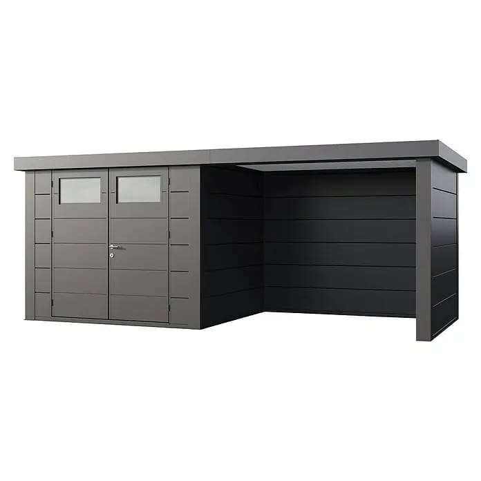 Telluria Gerätehaus Classico 2724 mit Lounge S rechts inkl. Elektro-Set (Außenmaß inkl. Dachüberstand (B x T): 572 x 258 cm, Stahl, Anthrazit, Inkl. I