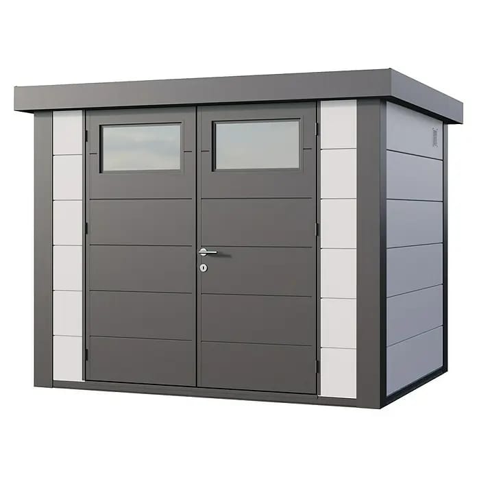 Telluria Gerätehaus Classico 2721 inkl. Elektro-Set (Außenmaß inkl. Dachüberstand (B x T): 288 x 228 cm, Stahl, Weiß/Anthrazit, Inkl. Innenwandverklei