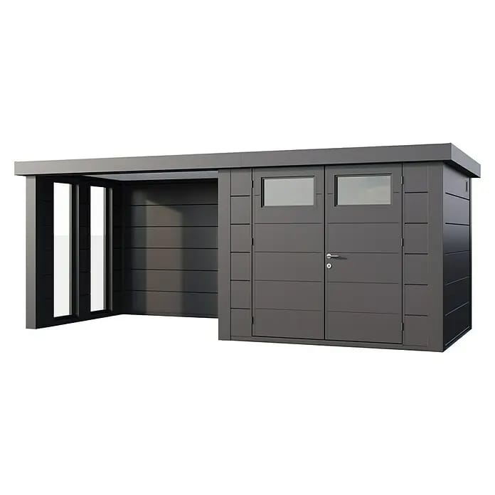 Telluria Gerätehaus Classico 2724 mit Lounge S links inkl. 2 Fenster und Elektro-Set (Außenmaß inkl. Dachüberstand (B x T): 572 x 258 cm, Stahl, Anthr