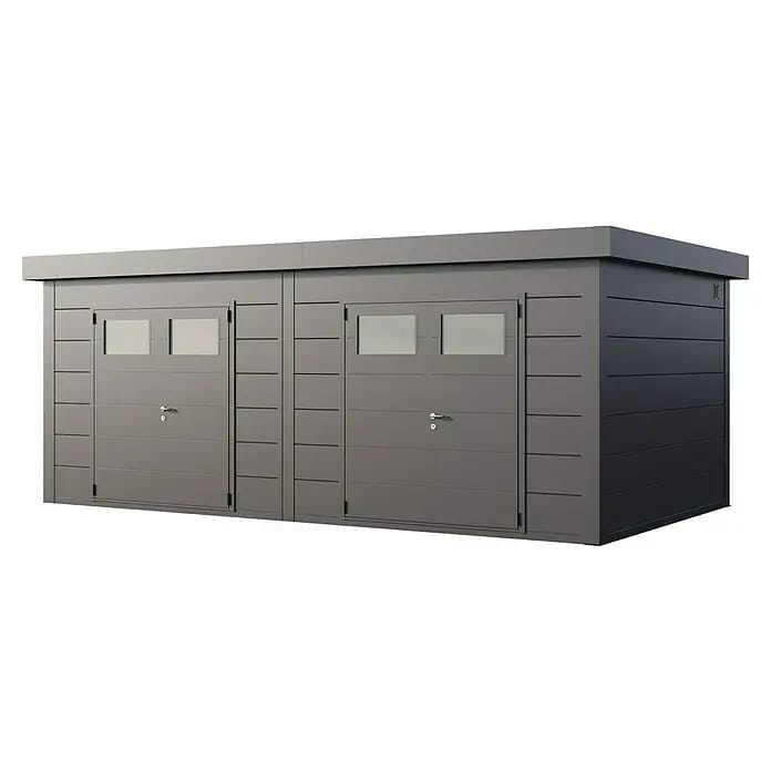 Telluria Gerätehaus Duo 3336+ inkl. Elektro-Set (Außenmaß inkl. Dachüberstand (B x T): 672 x 388 cm, Stahl, Anthrazit, Inkl. Innenwandverkleidung & El