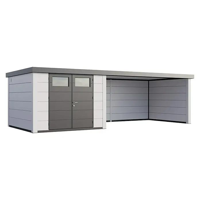 Telluria Gerätehaus Classico 3030 mit Lounge XL rechts inkl. Elektro-Set (Außenmaß inkl. Dachüberstand (B x T): 782 x 318 cm, Stahl, Weiß, Inkl. Innen