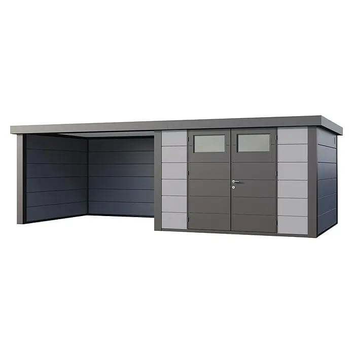 Telluria Gerätehaus Classico 3030 mit Lounge L links inkl. Elektro-Set (Außenmaß inkl. Dachüberstand (B x T): 662 x 318 cm, Stahl, Lichtgrau/Anthrazit
