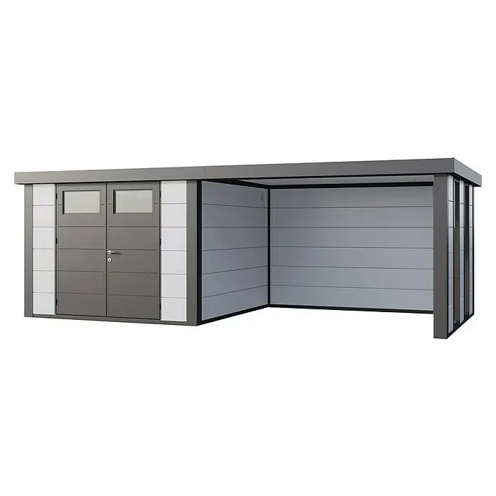Telluria Gerätehaus Classico 3030 mit Lounge L rechts inkl. 2 Fenster und Elektro-Set (Außenmaß inkl. Dachüberstand (B x T): 662 x 318 cm, Stahl, Weiß