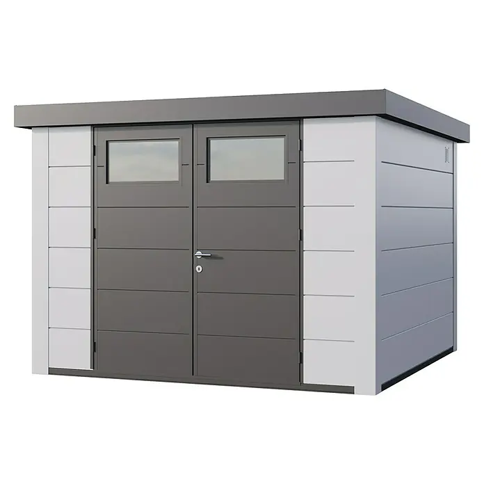 Telluria Gerätehaus Classico 3330 inkl. Elektro-Set (Außenmaß inkl. Dachüberstand (B x T): 348 x 318 cm, Stahl, Weiß, Inkl. Innenwandverkleidung & Ele