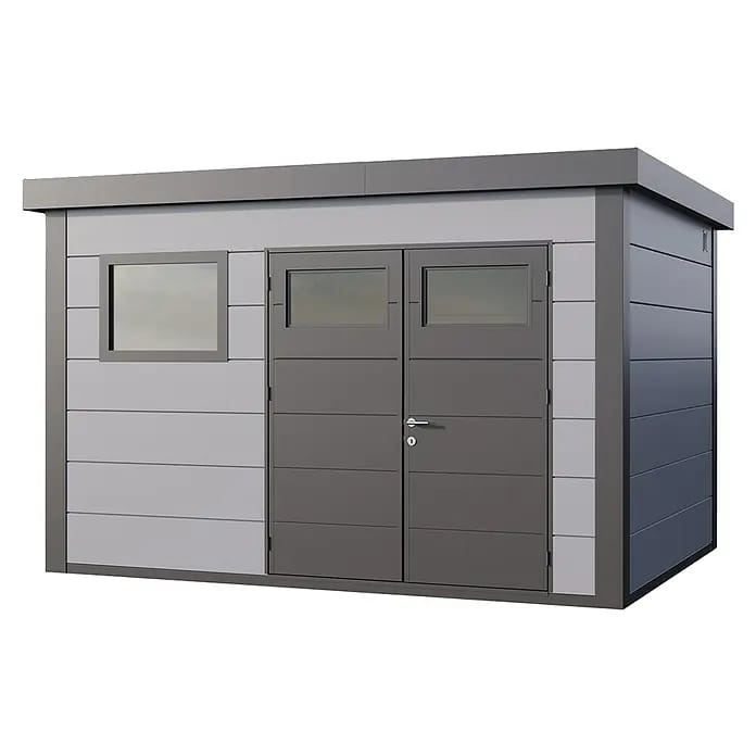 Telluria Gerätehaus Classico 3930+ inkl. Elektro-Set (Außenmaß inkl. Dachüberstand (B x T): 408 x 318 cm, Stahl, Lichtgrau/Anthrazit, Inkl. Innenwandv