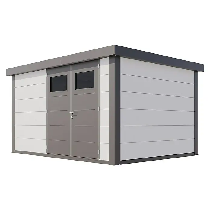 Telluria Gerätehaus Classico 3930 inkl. Elektro-Set (Außenmaß inkl. Dachüberstand (B x T): 408 x 318 cm, Stahl, Weiß/Anthrazit, Inkl. Innenwandverklei
